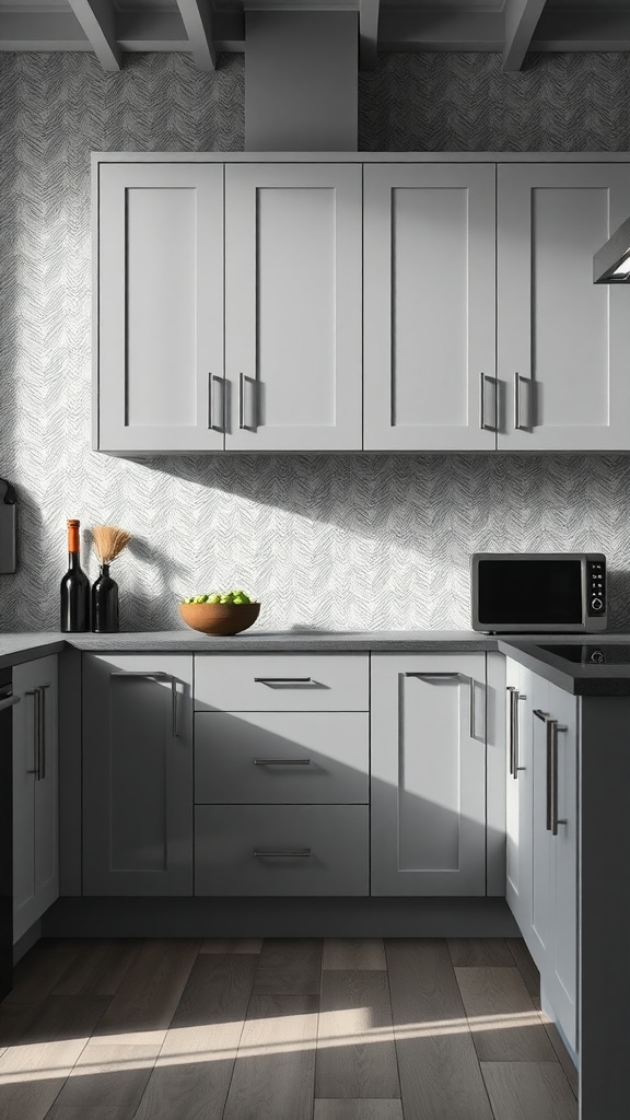 A modern kitchen featuring light gray cabinets and a herringbone patterned backsplash