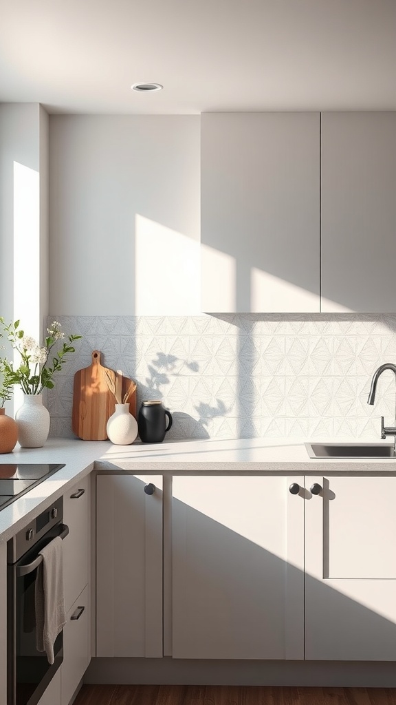 Neutral kitchen featuring a subtle textured backsplash and modern decor