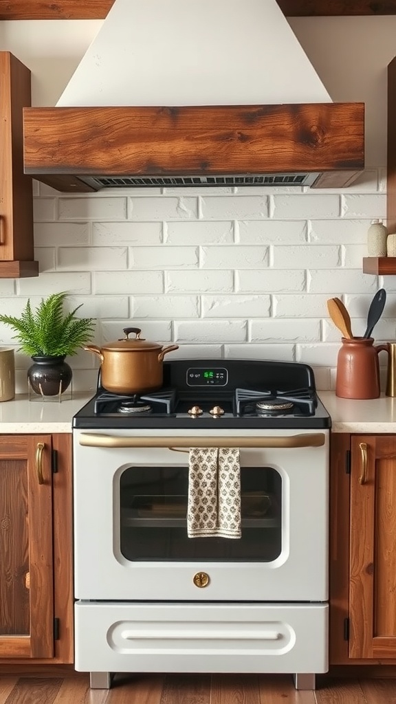 A rustic farmhouse kitchen featuring a subway tile backsplash, wooden hood, and open shelves.