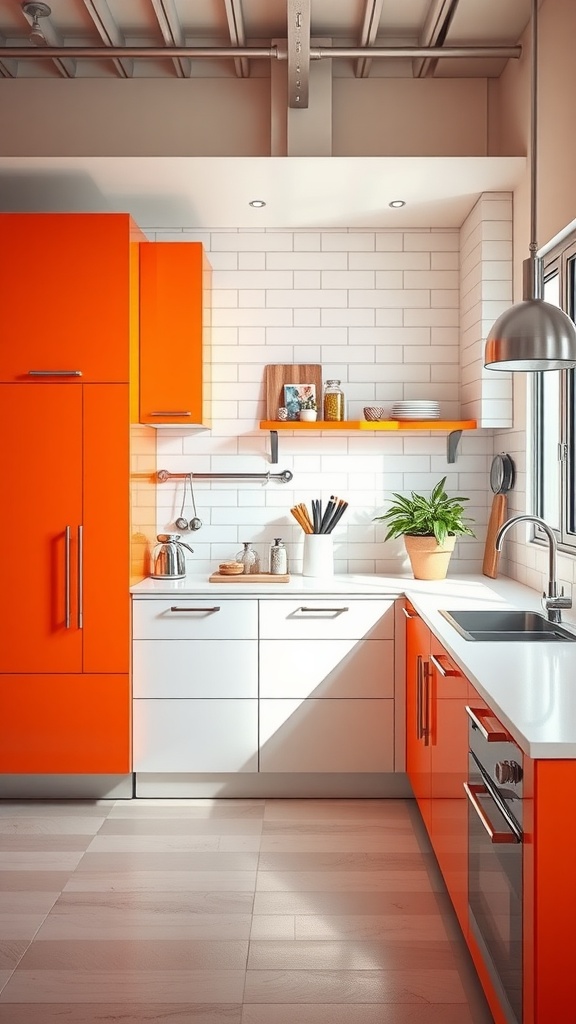 A modern kitchen featuring bright orange cabinets, white countertops, and natural lighting.