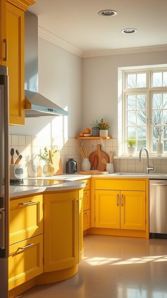 A sunny kitchen featuring bright yellow cabinets, a white countertop, and natural light filtering through the windows.