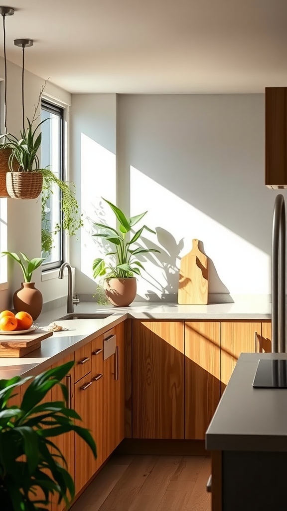 A bright kitchen with wooden cabinets, plants, and natural light illuminating the space.