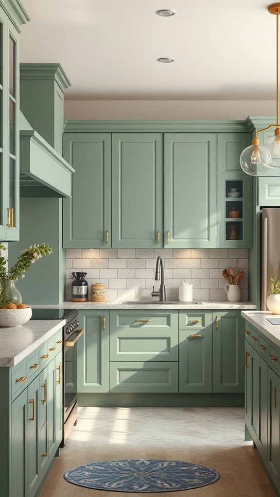 A modern kitchen with tea green cabinets and brass handles, featuring natural light and decorative elements.