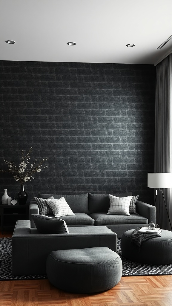 A modern living room with textured black wallpaper, a gray couch, and stylish decor.