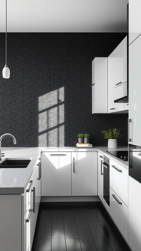 A modern kitchen with textured black walls, sleek white cabinetry, and plants on the countertop.