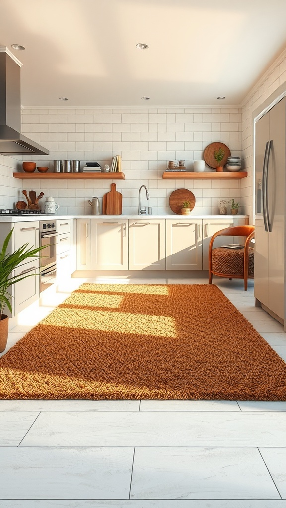 A modern kitchen featuring a textured brown rug on light-colored flooring, complemented by wooden shelves and plants.