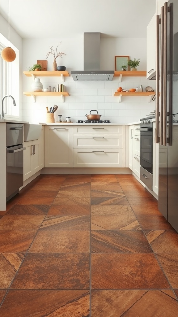 A kitchen featuring textured brown tiles on the floor and walls, with modern appliances and plants for decoration.