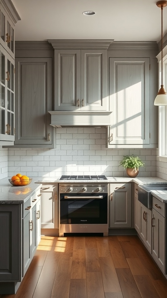 Gray shaker kitchen cabinets with gold hardware and wooden flooring