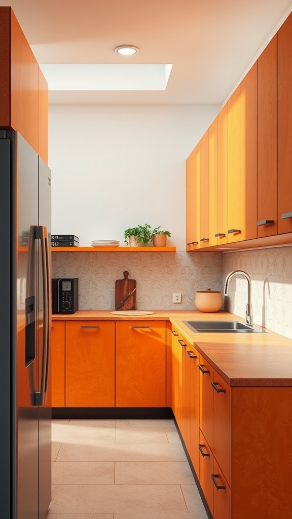 A kitchen featuring vibrant orange textured cabinets and a light countertop