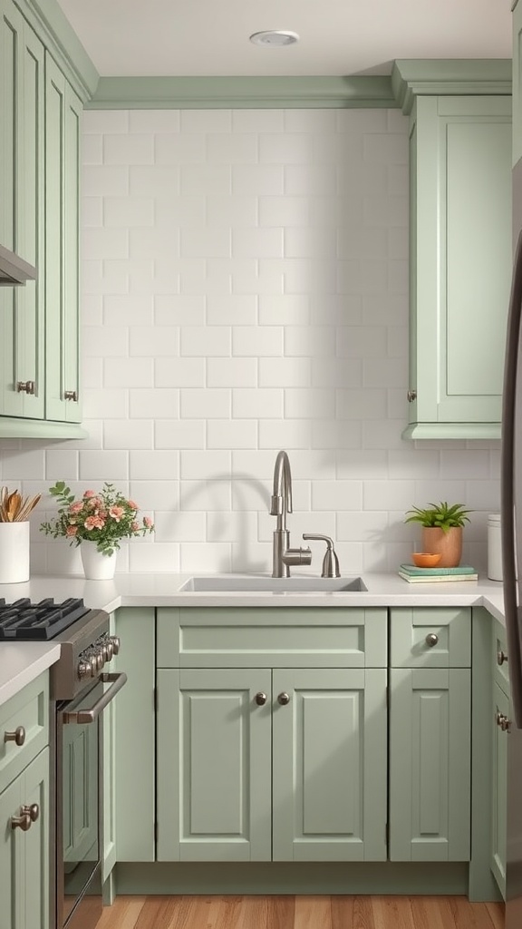 A kitchen with light green shaker cabinets, white subway tiles, and wooden flooring.