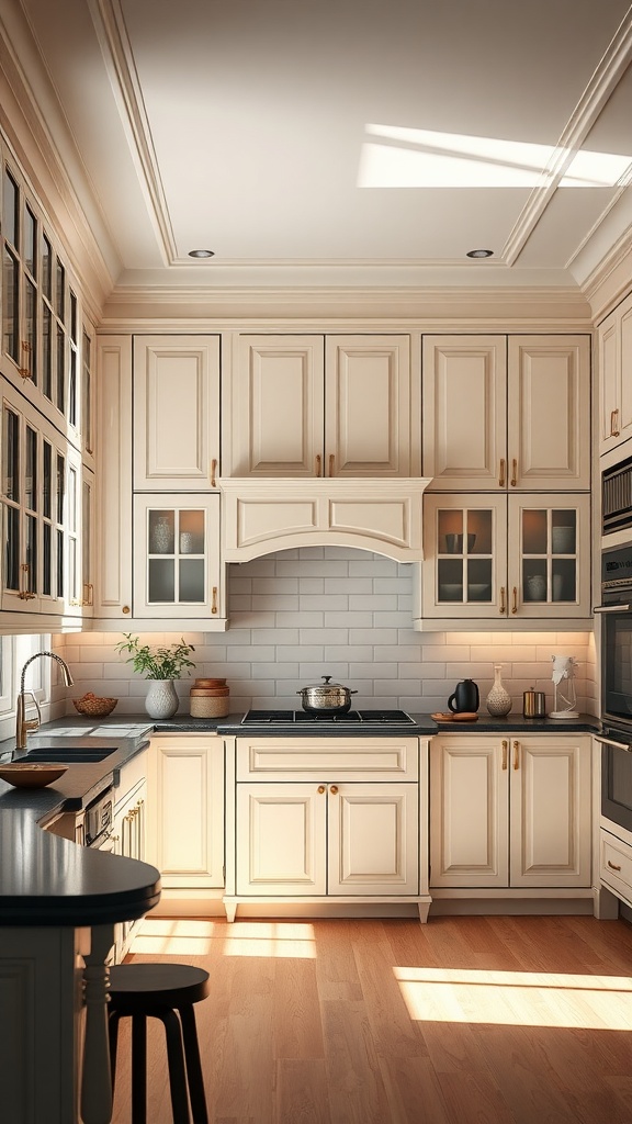 A beautifully designed classic kitchen with cream cabinetry, black countertops, and natural lighting.