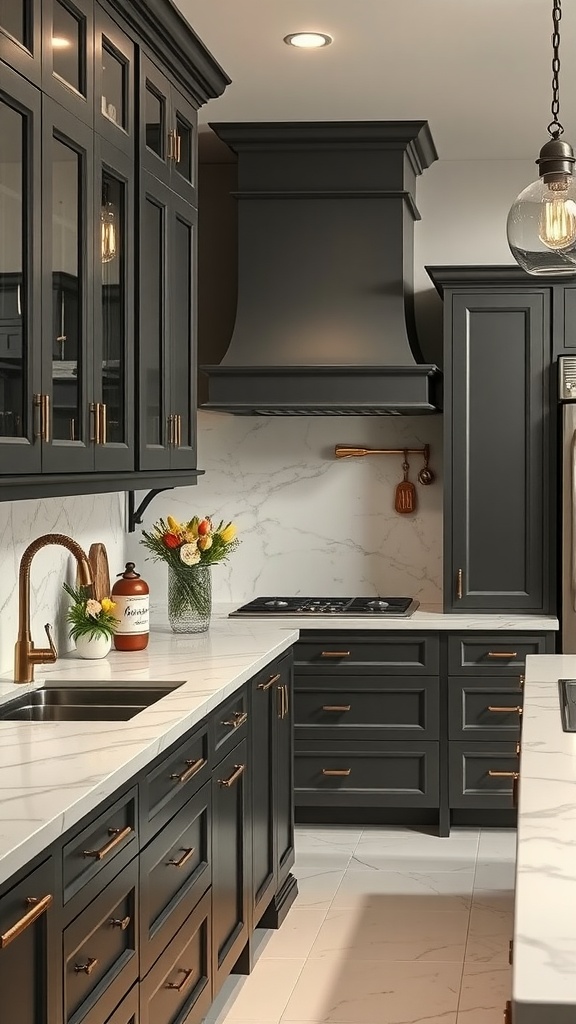 Stylish kitchen with dark gray cabinets and marble countertops