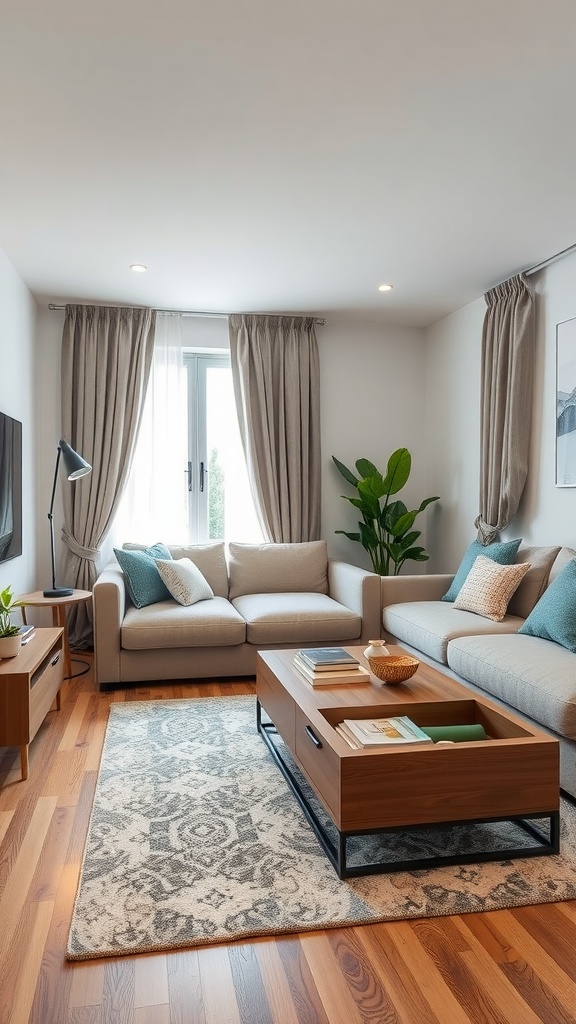 A cozy living room featuring a gray sofa, a wooden coffee table with drawers, and natural light from the window.