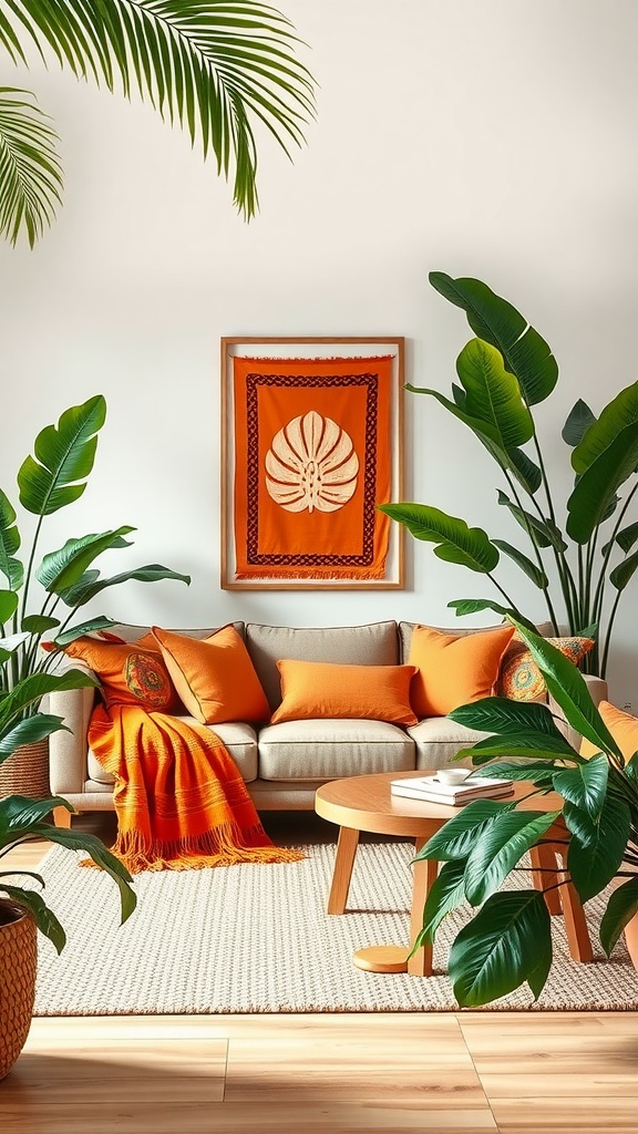 A bright living room with orange decor, featuring green plants and vibrant artwork.