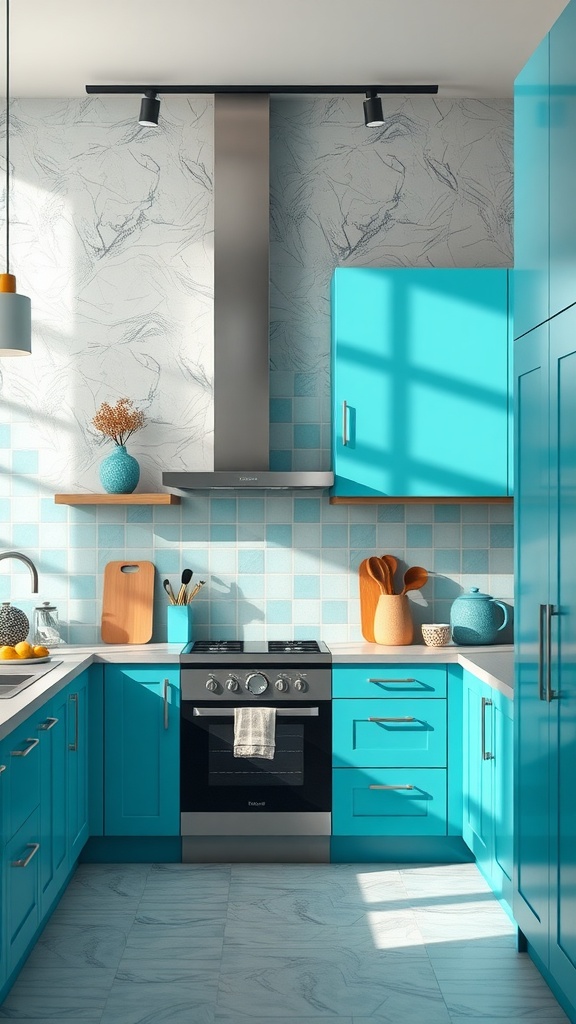 A modern kitchen featuring turquoise cabinets and a light backsplash, showcasing a vibrant and inviting design.