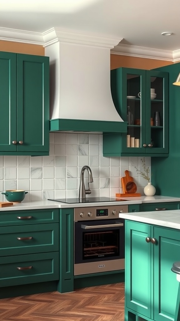 A kitchen featuring two-tone green cabinets with a modern design, showcasing a blend of vibrant and softer green tones.