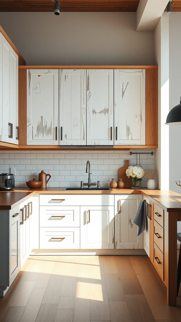 A rustic farmhouse kitchen showcasing two-toned cabinetry with white upper cabinets and natural wood lower cabinets.