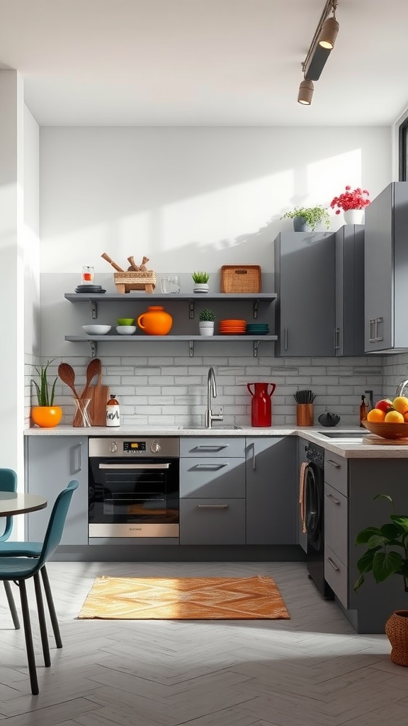 A modern kitchen with gray cabinets, orange accents, and bright decor, featuring a clean and stylish design.
