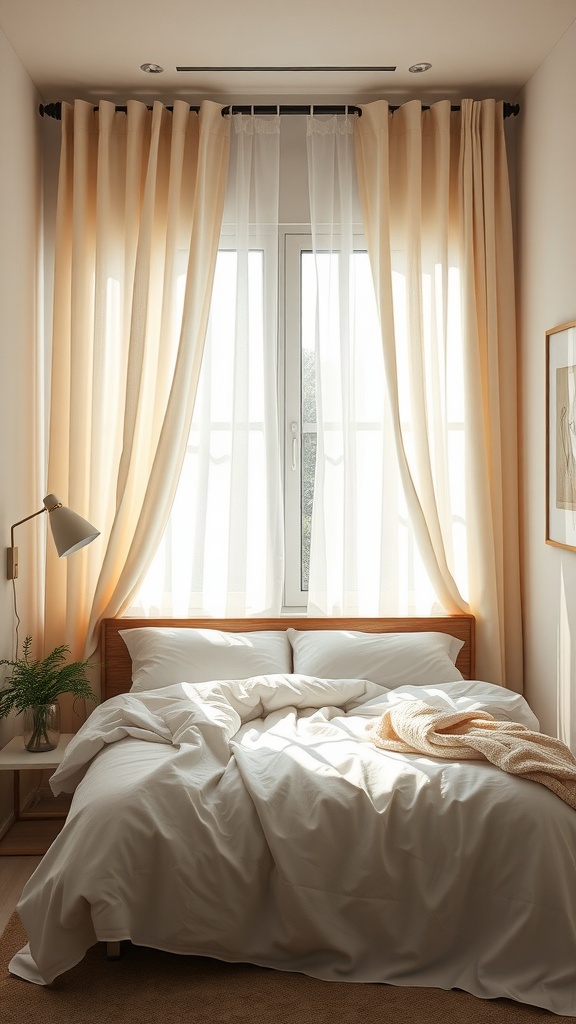 A cozy bedroom with light curtains, a neatly made bed, and a lamp beside it.