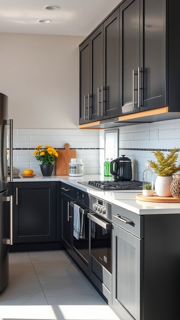 A modern small kitchen featuring dark gray cabinets, white backsplash, and decorative plants.