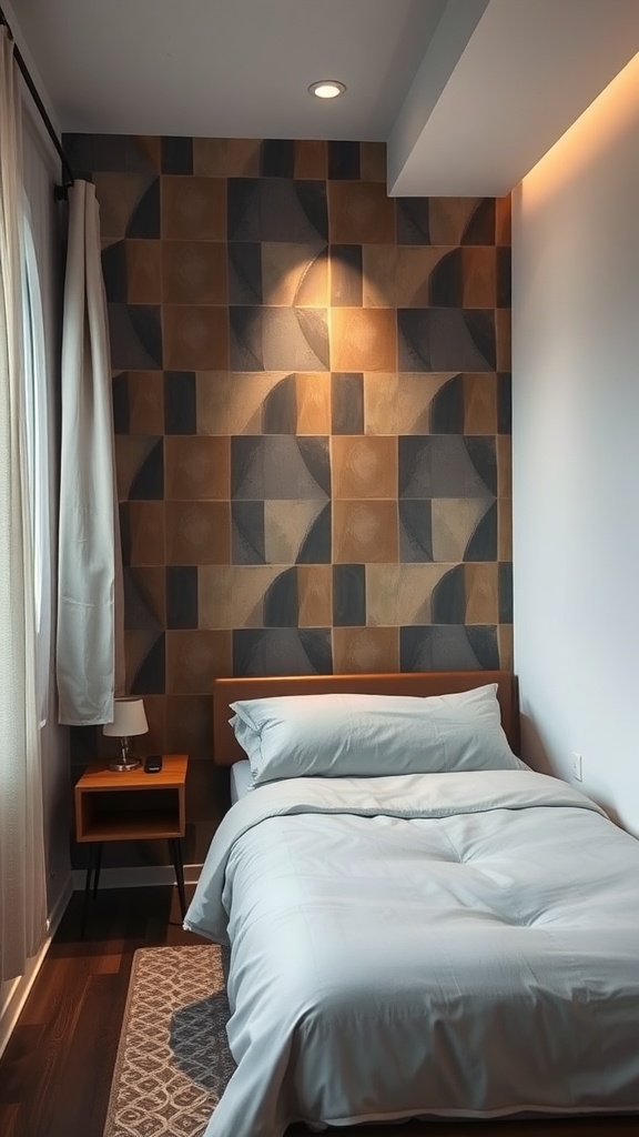 A small bedroom with geometric wall paint, light bedding, and minimal decor