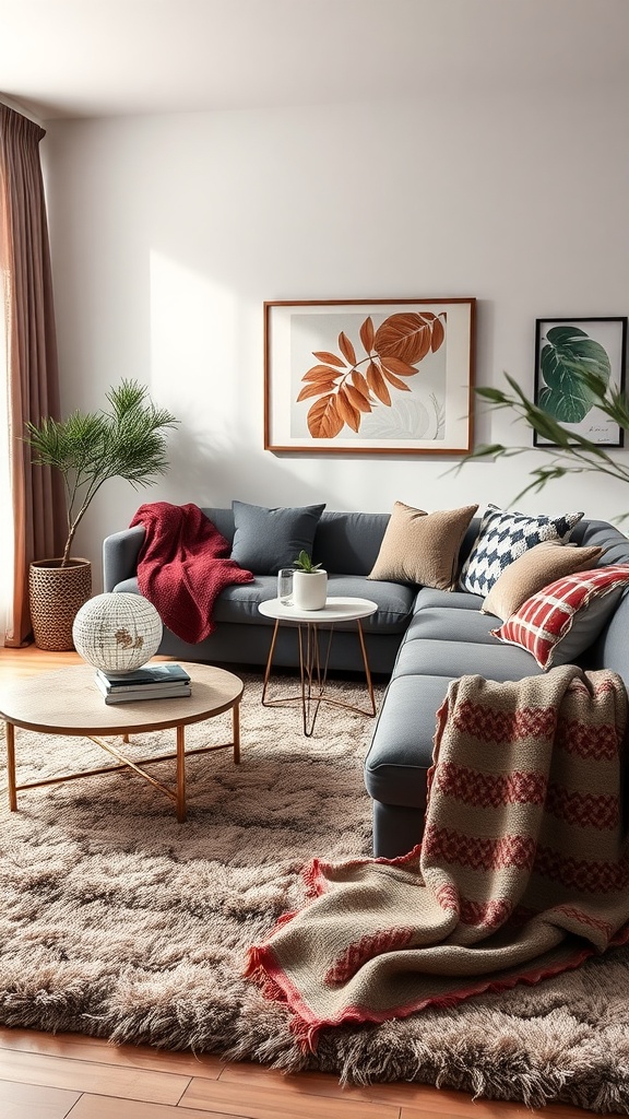 A stylish living room with a plush rug, a cozy couch with various cushions, decorative plants, and a modern coffee table.