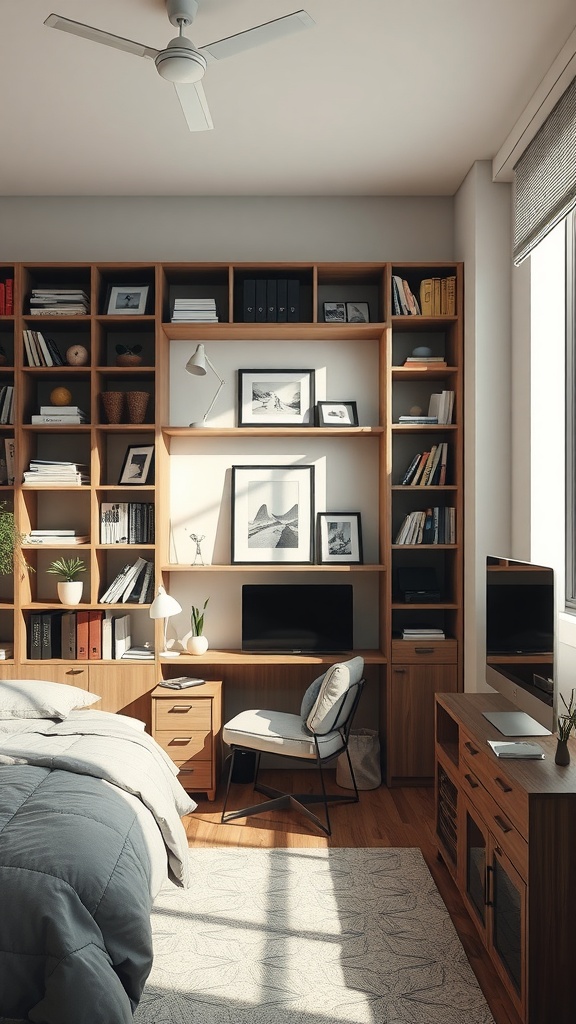 Cozy bedroom with corner bookshelf and workspace.