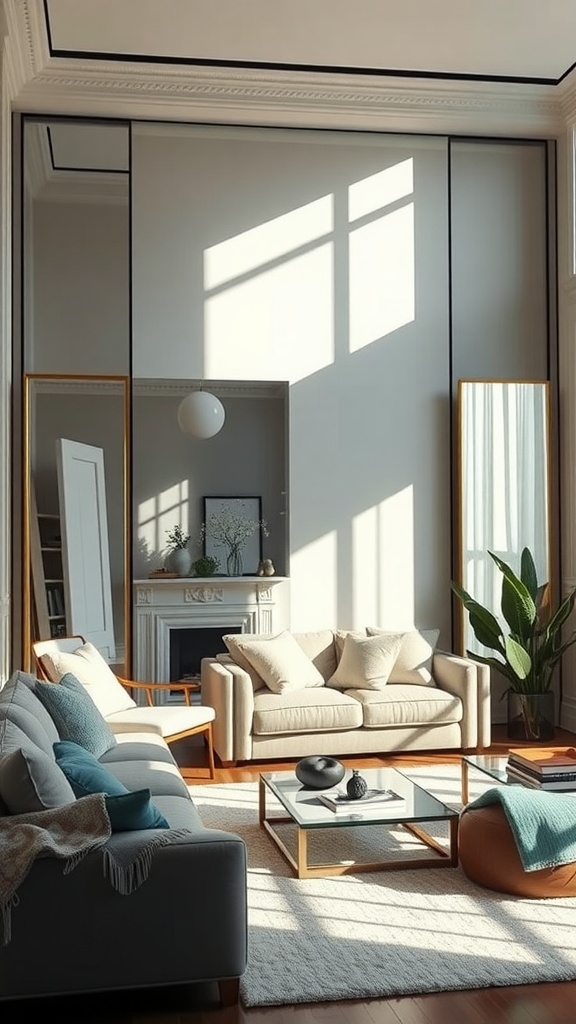 Bright living room with large mirrors reflecting light, creating an illusion of space