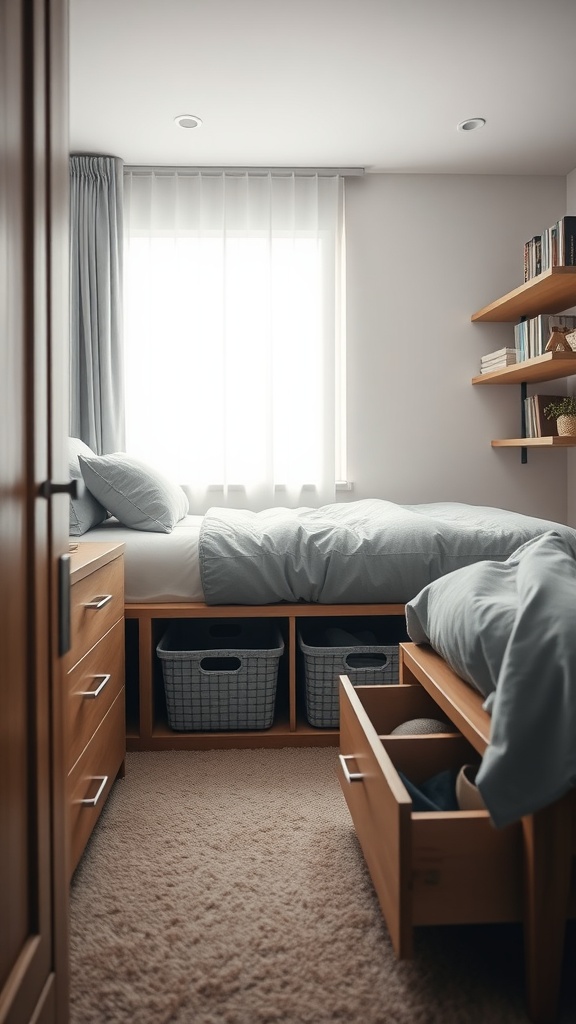 A small bedroom with a bed and under-bed storage, featuring organized baskets and drawers.