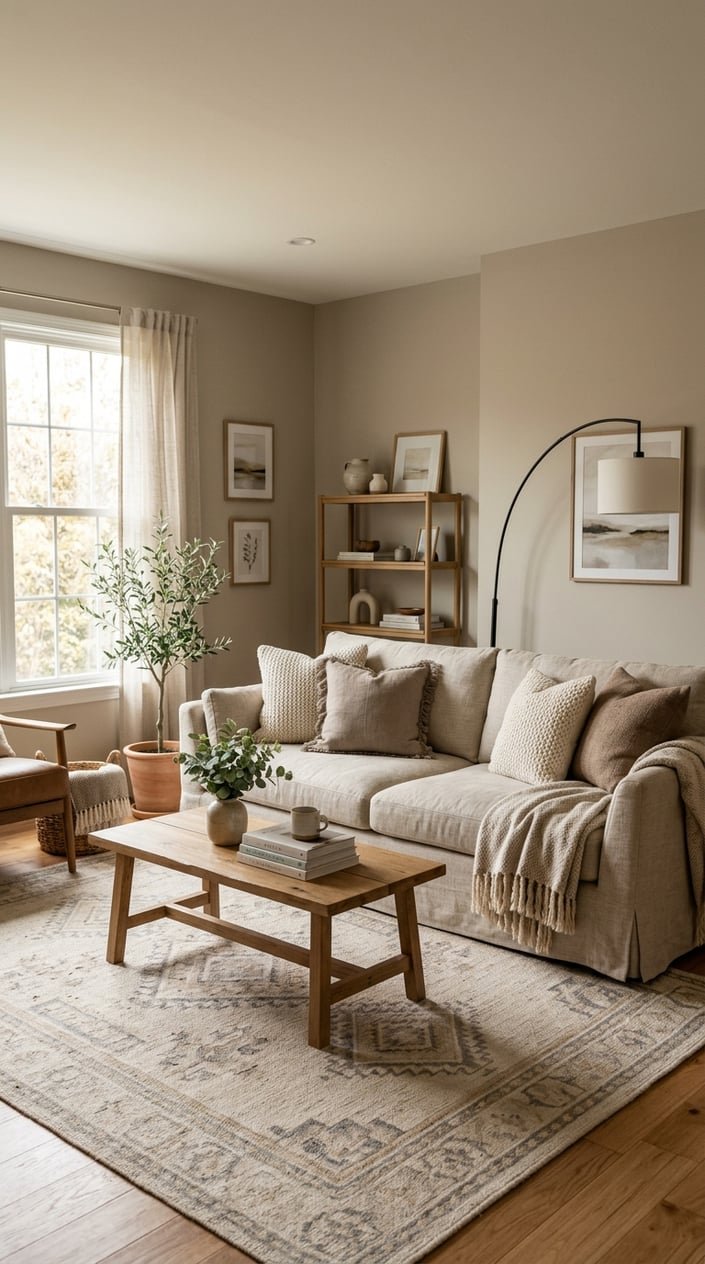 A living room with warm greige walls and a linen slipcovered sofa, featuring a wooden coffee table and soft natural lighting.