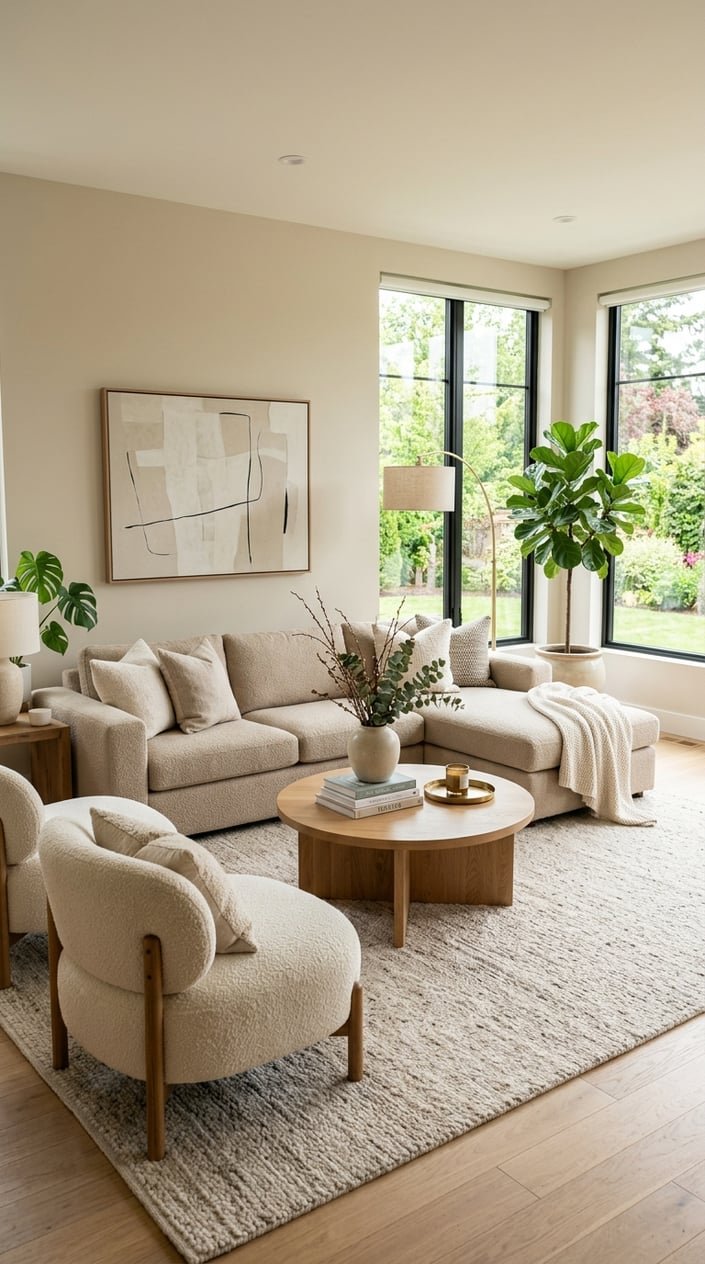 Living room with two accent chairs and a large sectional sofa arranged around a coffee table.