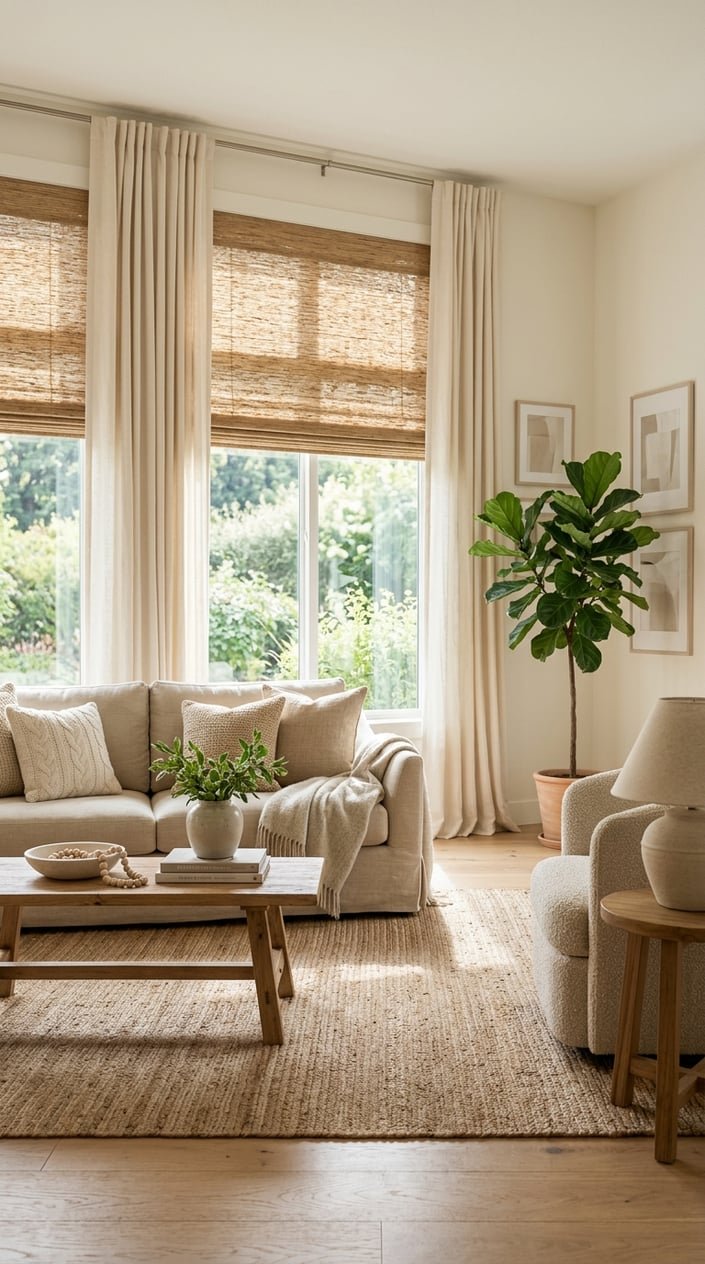 A living room with cream curtains layered over woven wood shades on windows, a beige sofa, and a wooden coffee table.