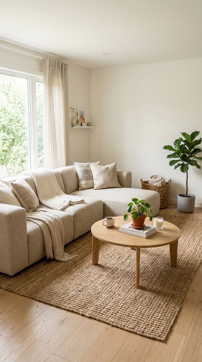 A beige modular sofa placed on a natural jute rug in a living room with light hardwood flooring and minimal decor.