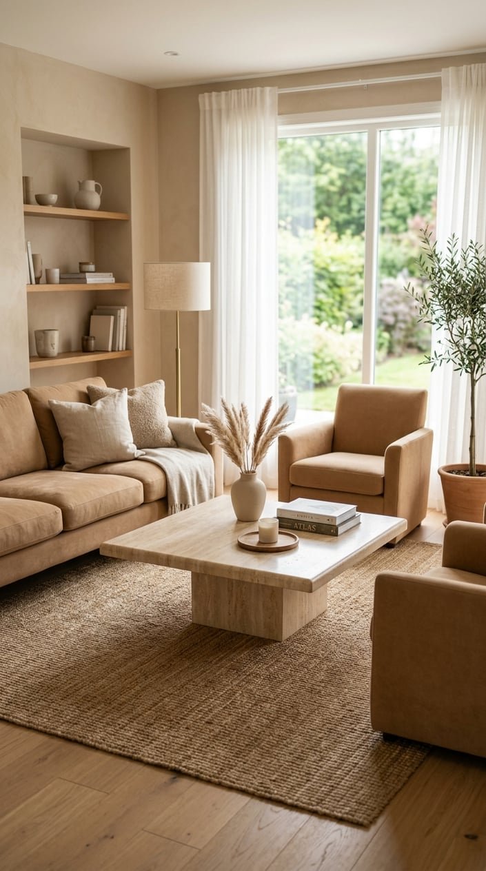 Living room with a travertine coffee table and camel-colored upholstered seating in a beige color scheme.