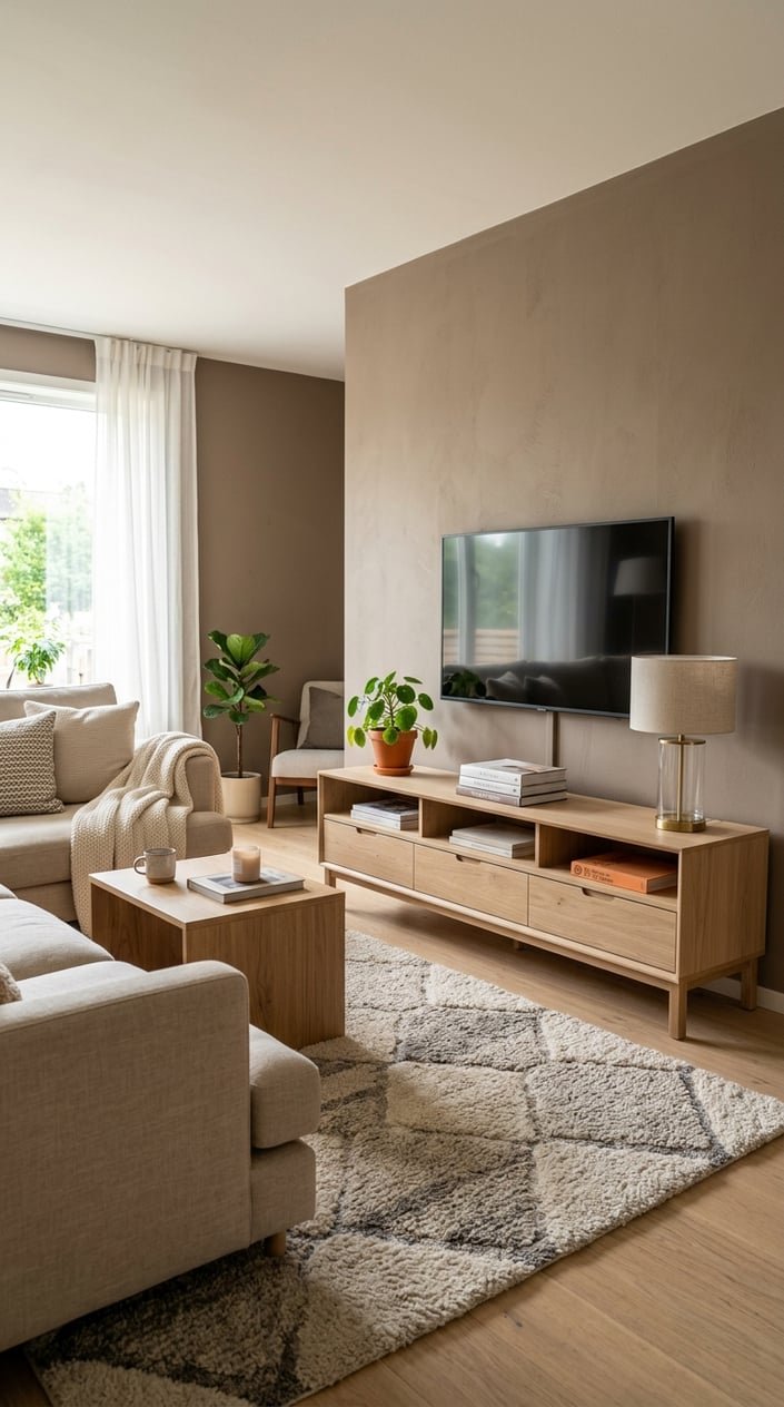 Living room with taupe walls and a white oak media console, featuring a beige sofa and decorative items.