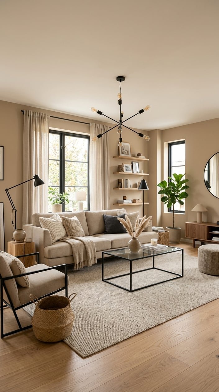 A beige living room with black metal lighting fixtures, a beige sofa, and natural light coming through large windows.