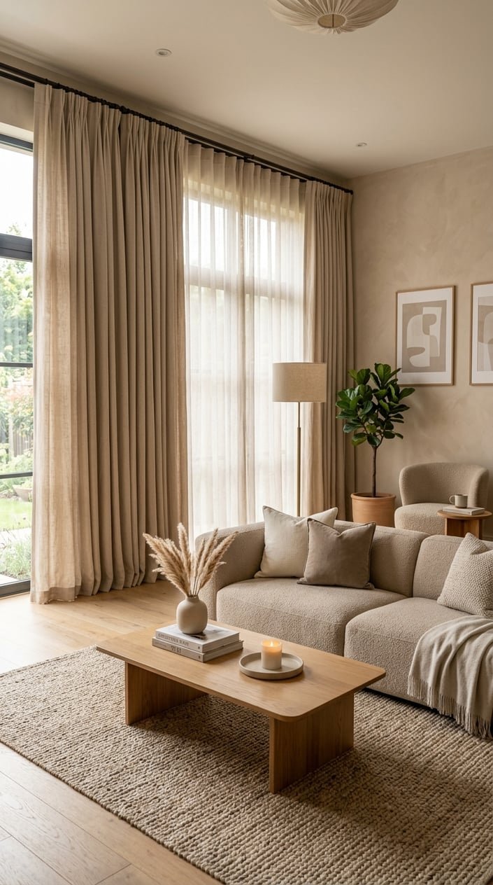 Living room with floor-to-ceiling beige drapes, a beige sofa, wooden coffee table, and soft natural light.