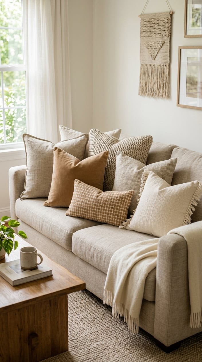 A stack of throw pillows in flax, oatmeal, and camel colors arranged on a beige sofa in a living room.