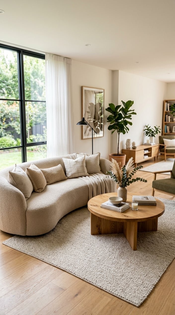 A living room with a curved beige sofa and a round wooden coffee table in front of it.