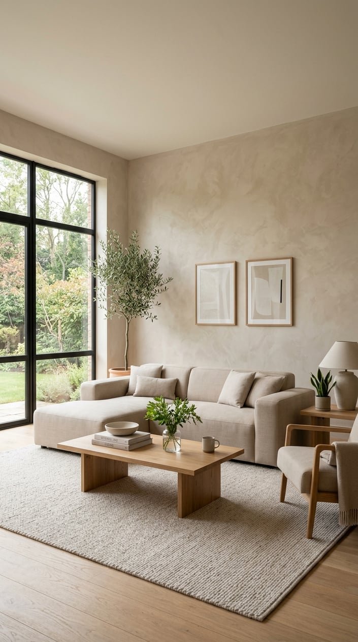 A living room with beige plaster walls, a sofa, an armchair, a coffee table, and natural light coming through large windows.