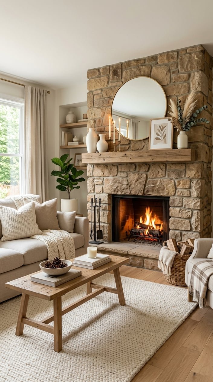 A living room with a stone fireplace surrounded by beige and ivory decor, including cushions, vases, and candles.