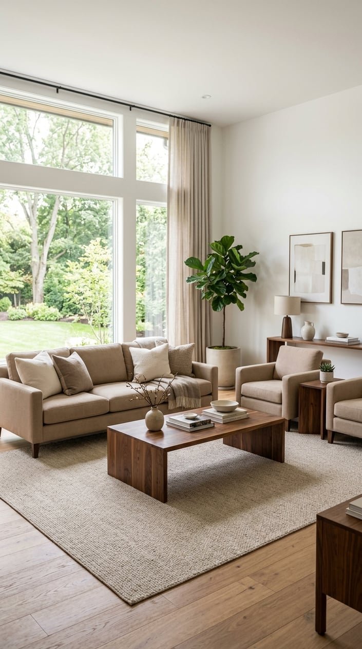Living room with beige seating and walnut wood furniture, bright and inviting.