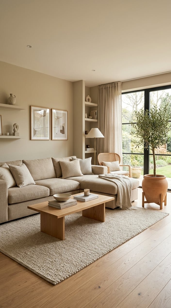 A living room with a beige sofa, wooden coffee table, and an olive tree in a pot near large windows.