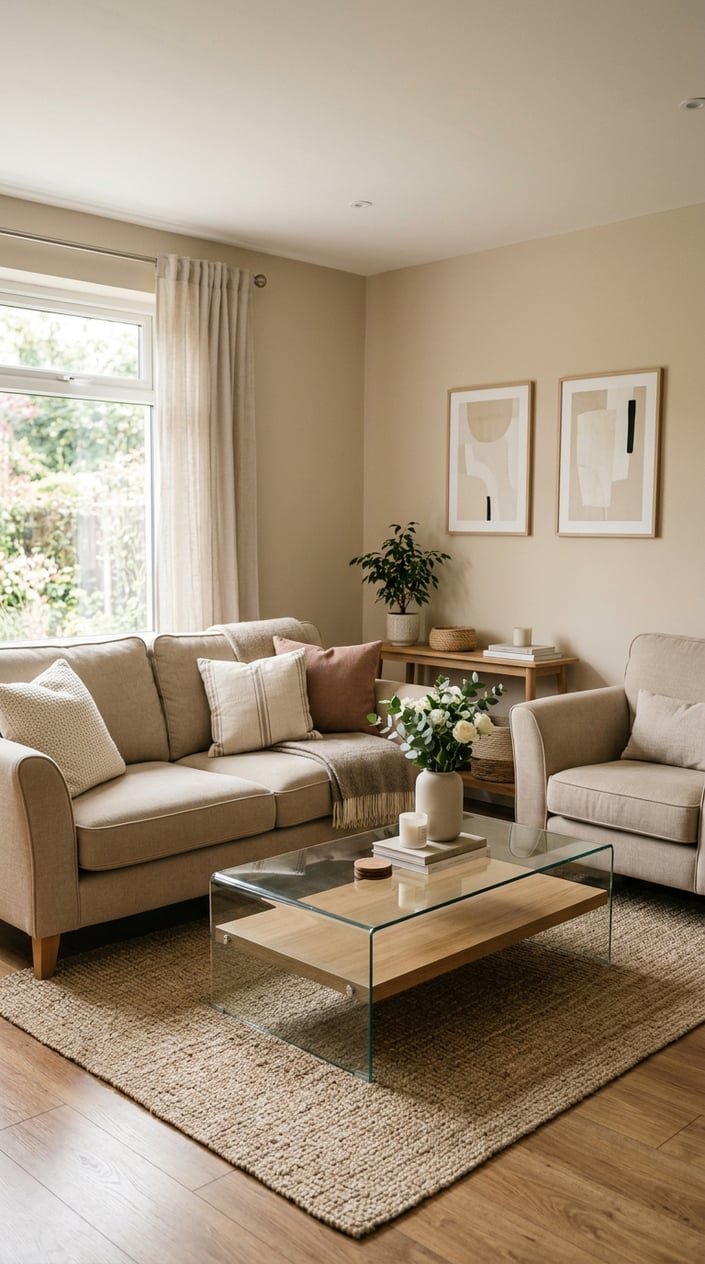 A small living room with beige furniture and a glass coffee table in the center.