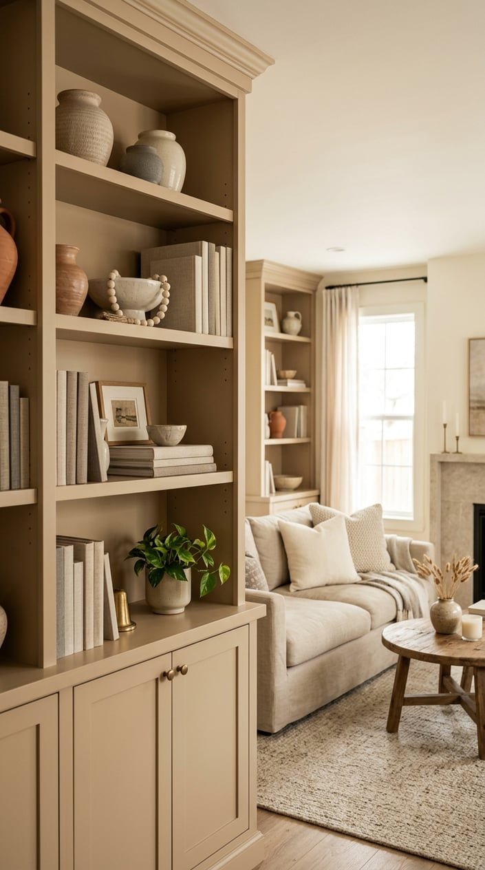 A living room with beige built-in shelves displaying ceramics and linen-covered books.