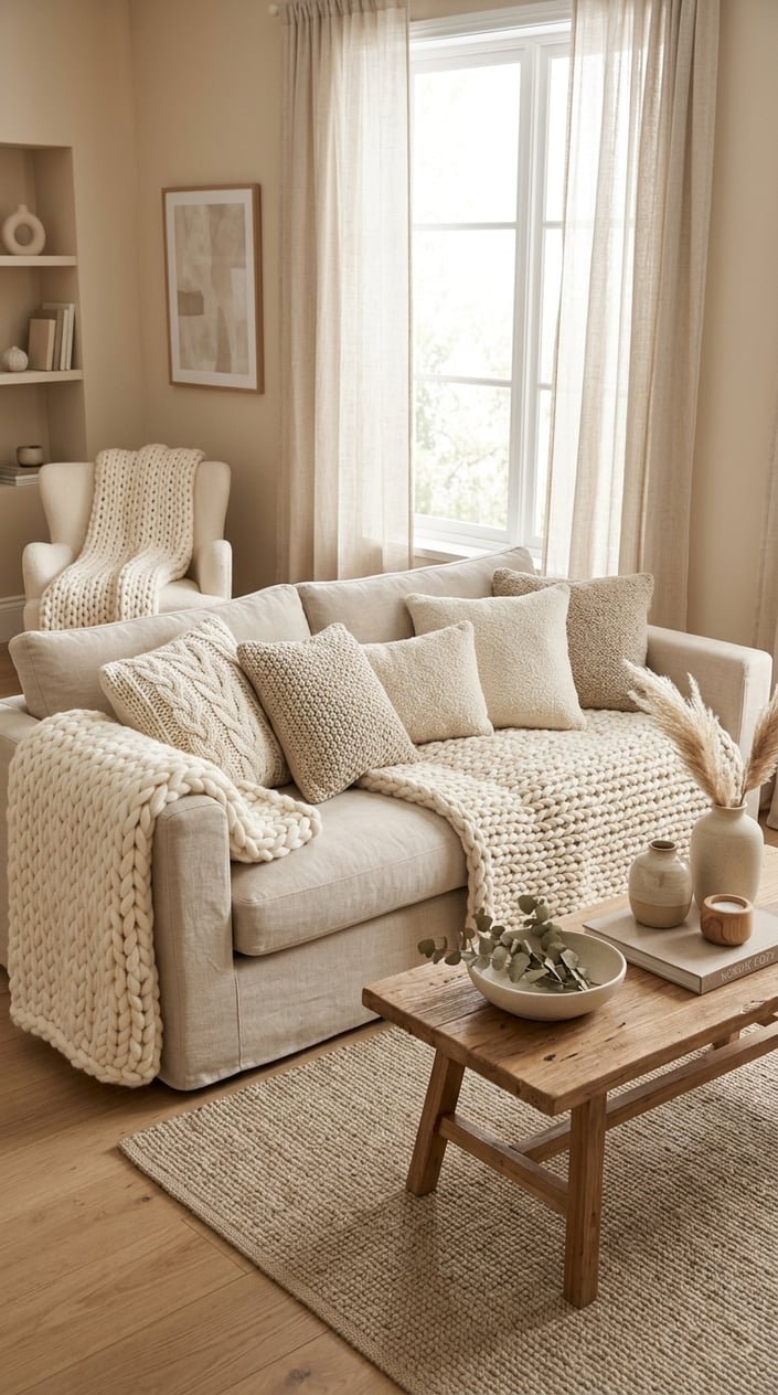 A cozy living room with a beige sofa, chunky knit blankets and cushions, a wooden coffee table, and soft natural lighting.