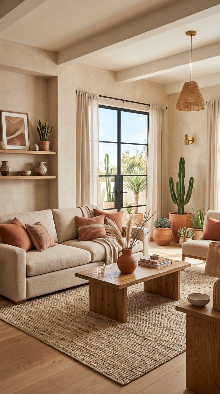 A bright living room with a beige sofa, terracotta accents, wooden coffee table, and desert plants near large windows.