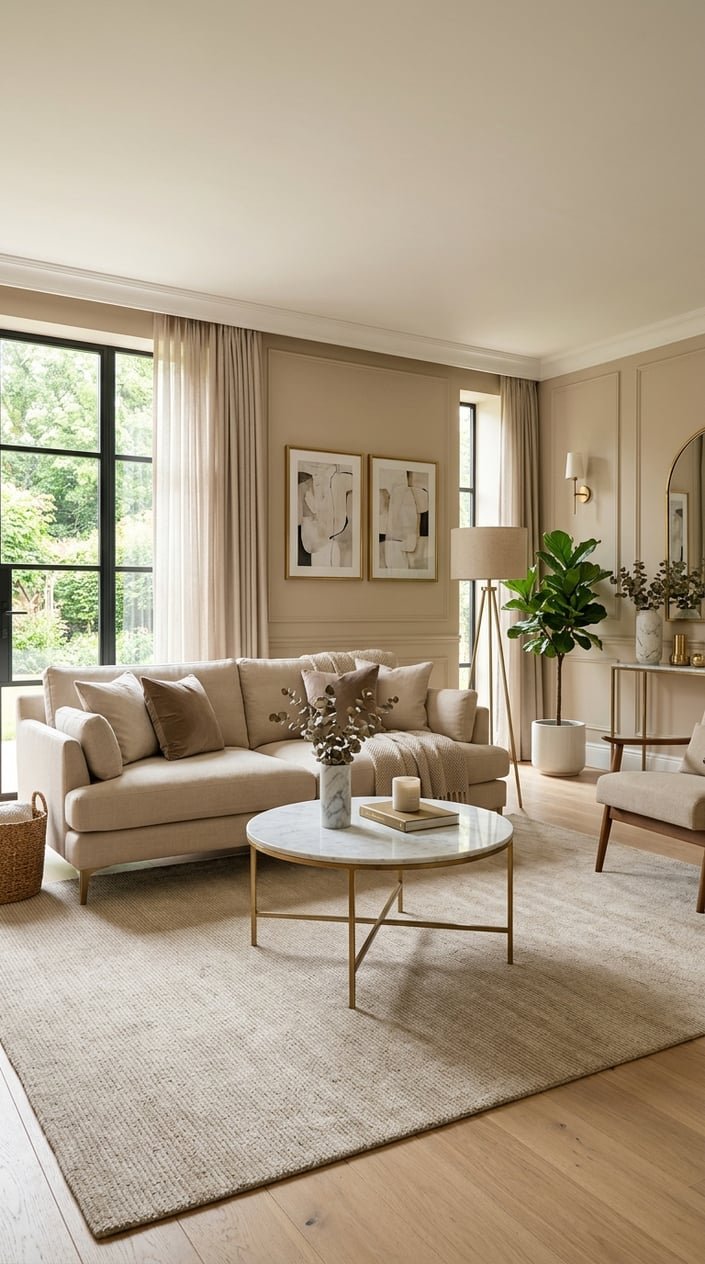 A living room with beige walls, a beige sofa, a marble coffee table with brass accents, and green plants near large windows.