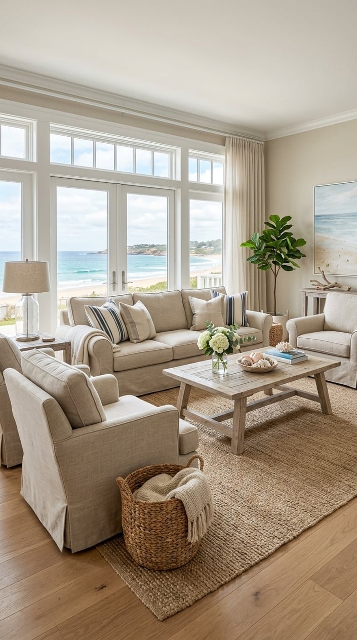 A bright living room with beige slipcovered sofas, a wooden coffee table, and large windows letting in natural light.