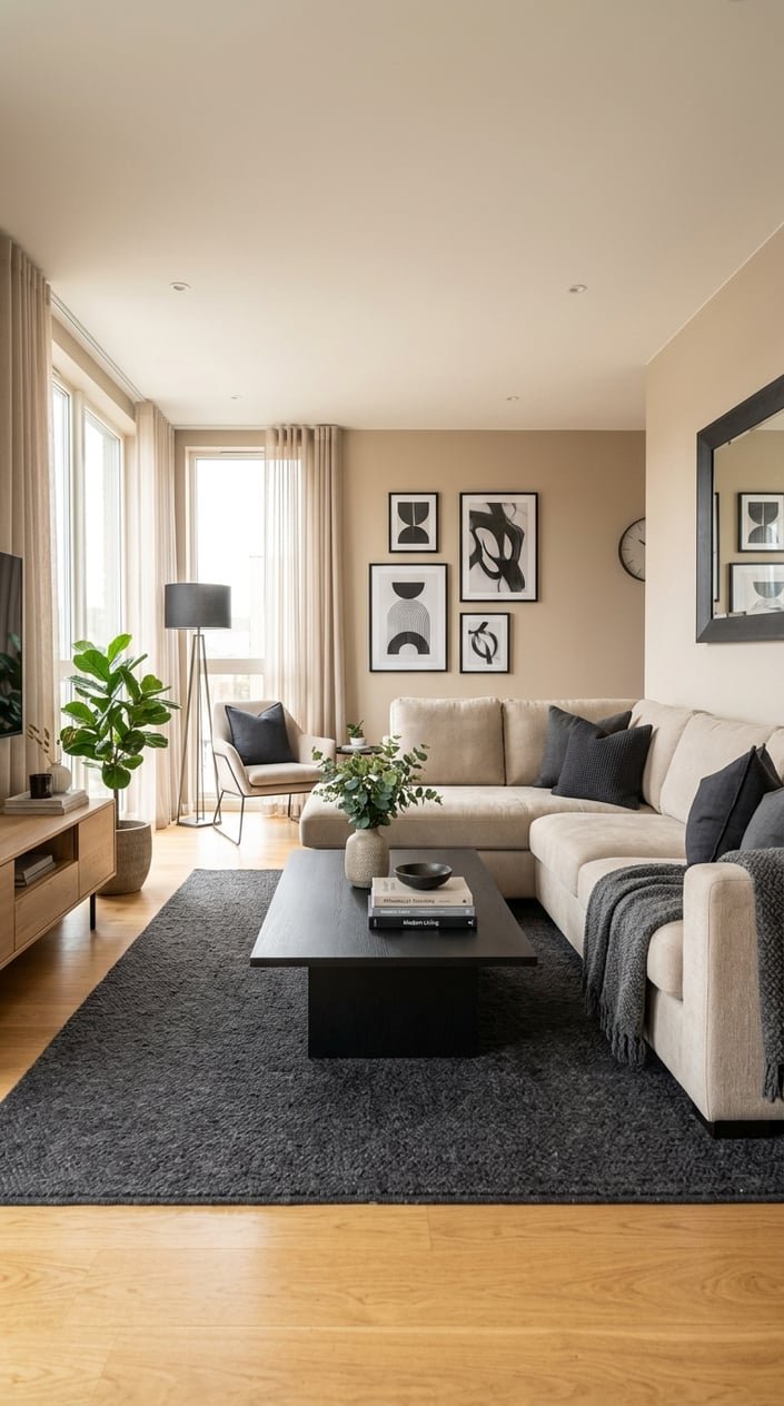 A living room with a beige sofa, charcoal pillows, a charcoal coffee table, and large windows letting in natural light.